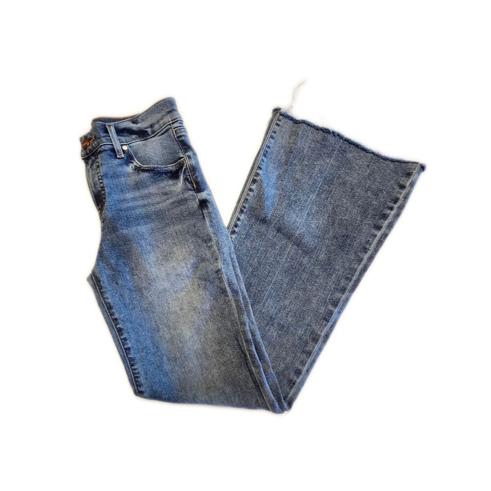 Express Mid Rise 70s Flare Raw Hem Medium Blue Denim Jeans, 2